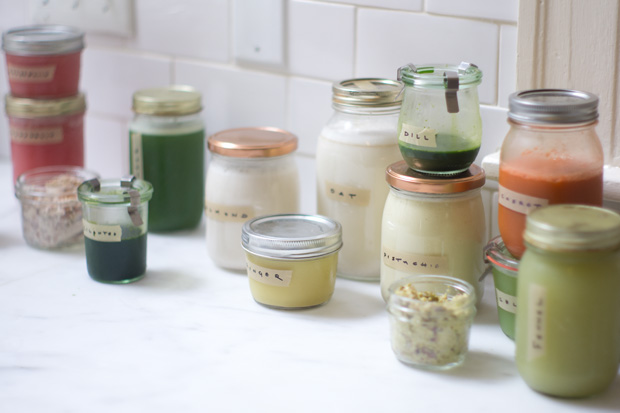 A rainbow of juices in jars