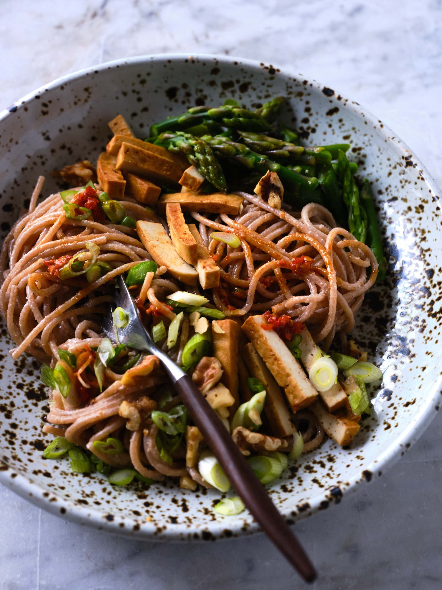 Walnut Miso Noodles served in a bowl
